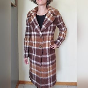 Calvin Klein Poly-Wool Blend Brown and White Plaid Coat